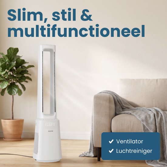 Ventilateur colonne Auronic - Modèle sans pales 2 en 1 - Purificateur d'air avec filtre HEPA - Ventilateur - 10 vitesses - Télécommande - 105 cm - Blanc