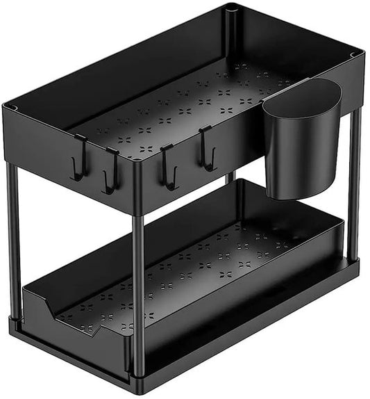Nexxt Kitchen Cabinet Organiser - 2 Layers - Rack with Pull-out Drawer - Includes Hooks and Trays - Sink Organiser - Black