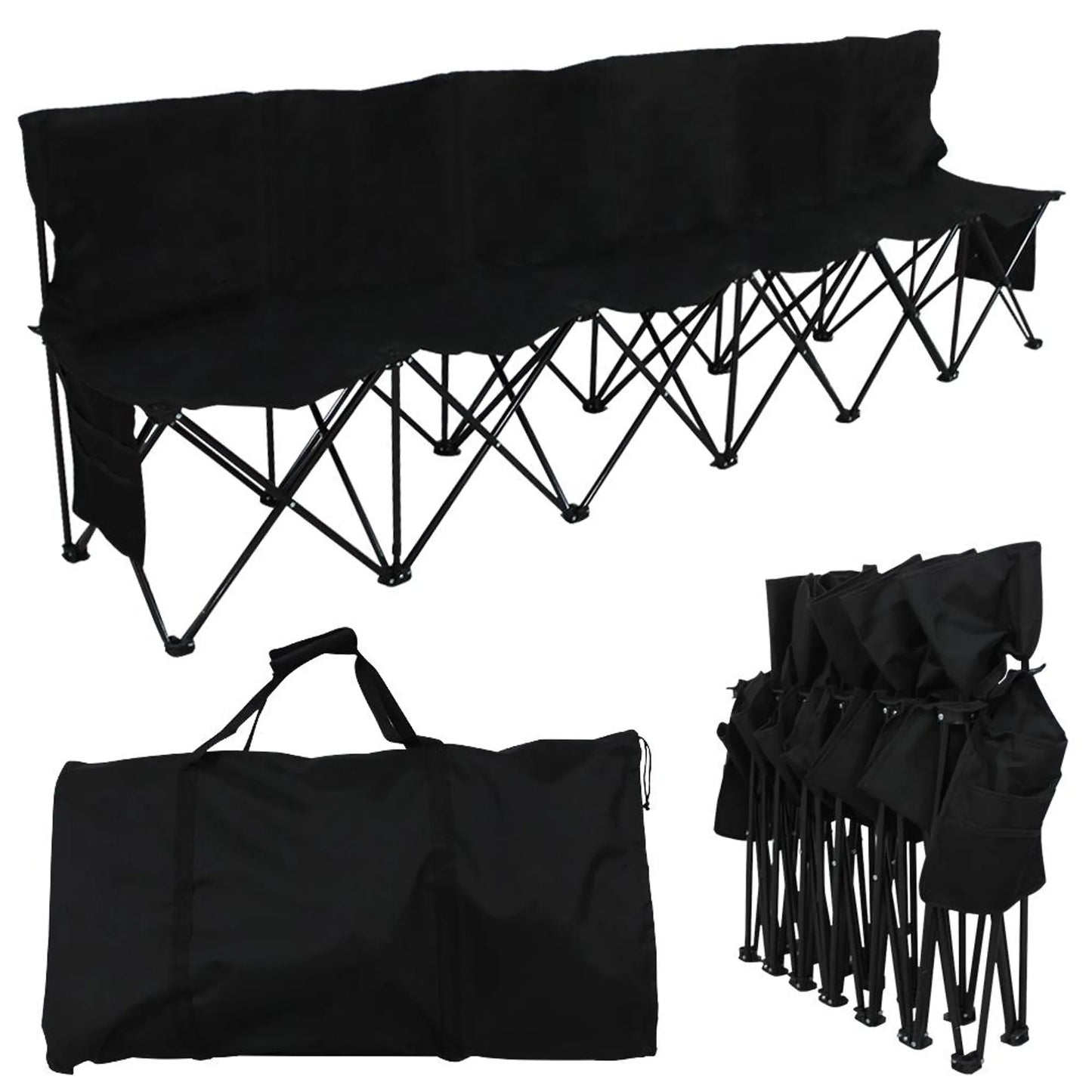 Yaheetech Banc de camping pliable pour 6 personnes - 270 x 49 x 82 cm - équipé d'un tissu 600D Oxford, d'un sac de transport et de poches latérales - pour les équipes sportives et les événements - métal noir