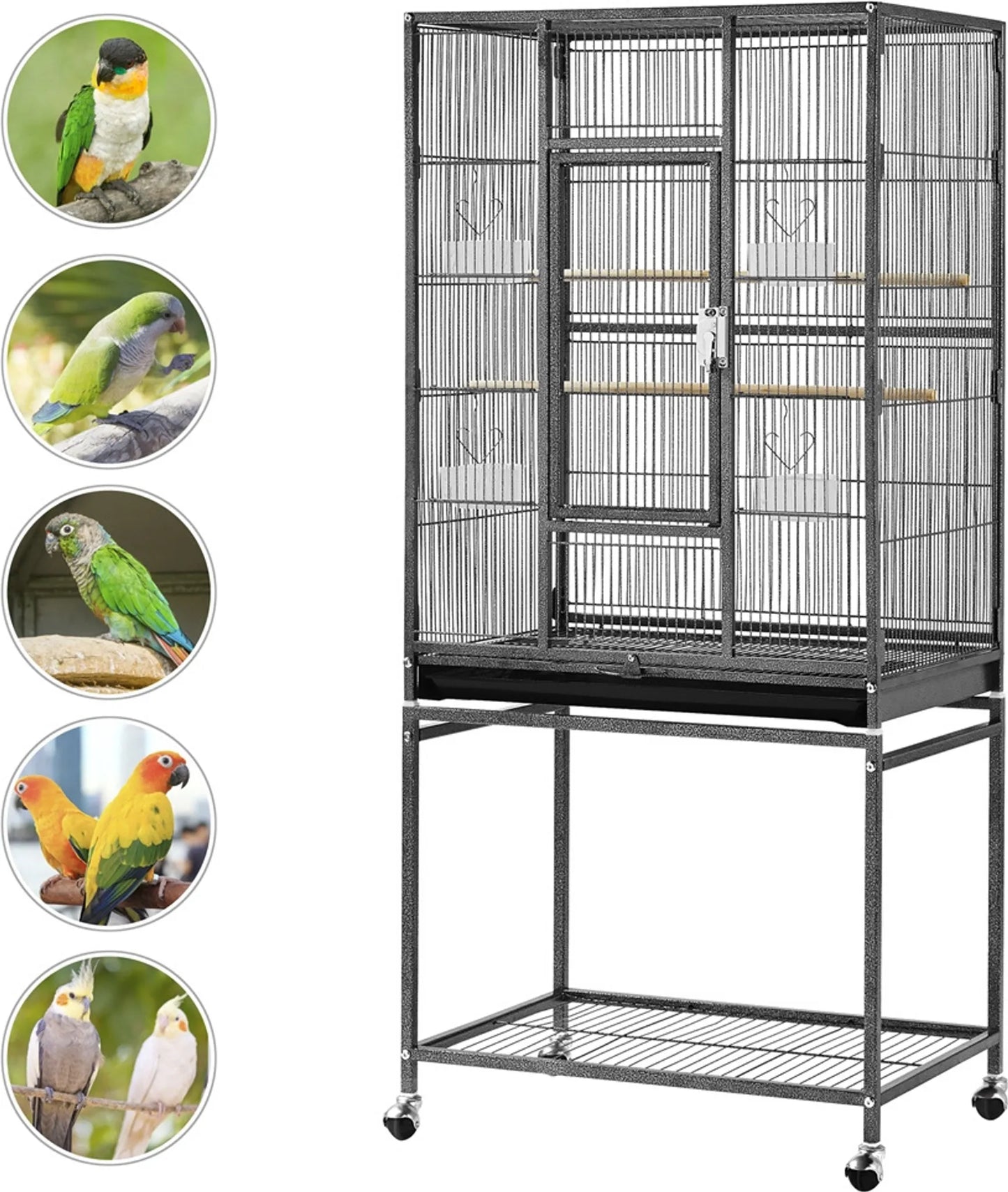Yaheetech Cage à oiseaux avec base mobile - Avec tiroir amovible et étagère de rangement supplémentaire et 4 mangeoires - Pour perruches, pinsons et canaris - Métal noir peint par poudrage - 61 x 43 x 136 cm