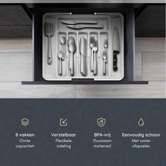 Deleca Range-couverts coulissant avec 8 compartiments - Range-couverts pour tiroir - Range-couverts pour tiroir de cuisine - Porte-couverts pour la cuisine - 57 x 38 cm - Plastique / Blanc Gris