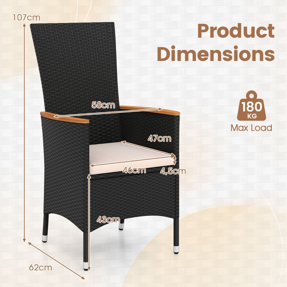 Ensemble de chaises de jardin Coast - dossier haut - coussins amovibles - lot de 2 - noir
