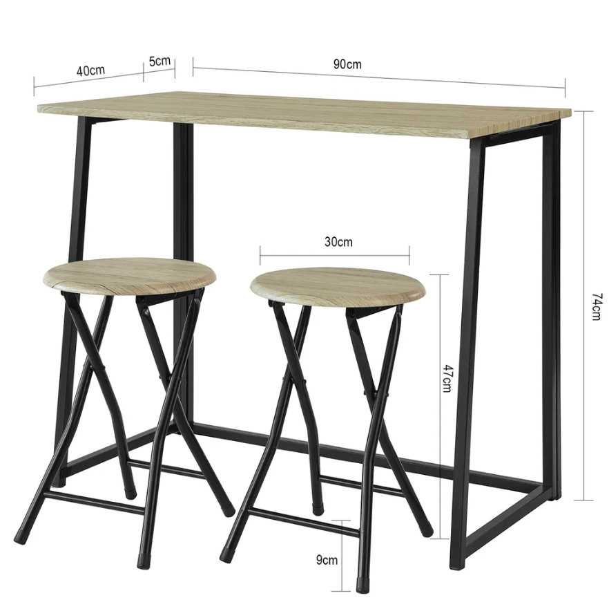 SoBuy Table de salle à manger - 3 pièces - Table pliante - 2 tabourets - Table de cuisine - 90 x74 x 45 cm - Bois noir