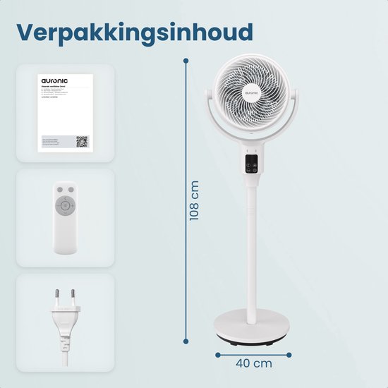 Ventilateur sur pied Auronic - Ventilateur de table et de sol - 9 vitesses et minuterie - Refroidisseur d'air - Silencieux - Avec télécommande et écran - Ventilateur - Blanc