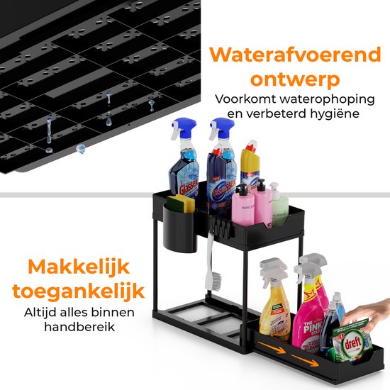 Posity Rangement pour évier - Rangement pour armoire de cuisine - Tiroir coulissant - Rangement pour armoire - Rangement pour salle de bain - Rangement pour comptoir - 2 tiroirs coulissants - Noir