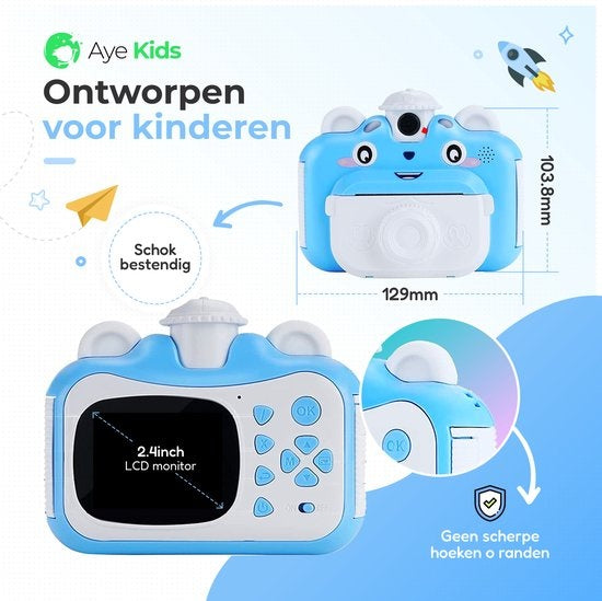 AyeKids Instant Print Kids Camera - Mini imprimante thermique - Imprimante photo - Comprend 3 rouleaux et 12 marqueurs de couleur - Bleu