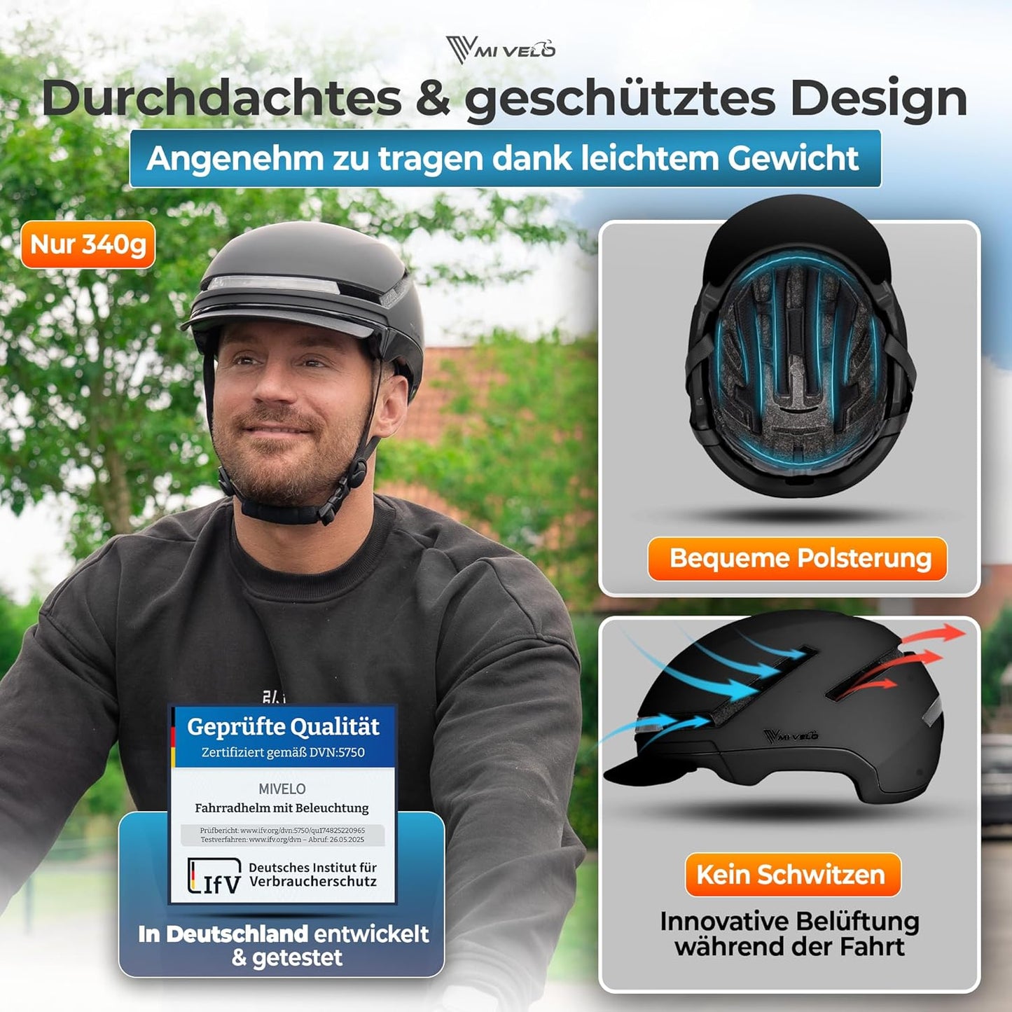Mivelo Casque de vélo unisexe NOVA - Avec lumière - Certifié NTA jusqu'à 45km/h - Noir - Taille M (54-58 cm)
