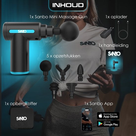 Sanbo Massage Gun Mini - Appareil de massage sportif et de relaxation - puissant - sans fil - étui inclus - avec 5 accessoires - noir/bleu - Massage Gun Professional