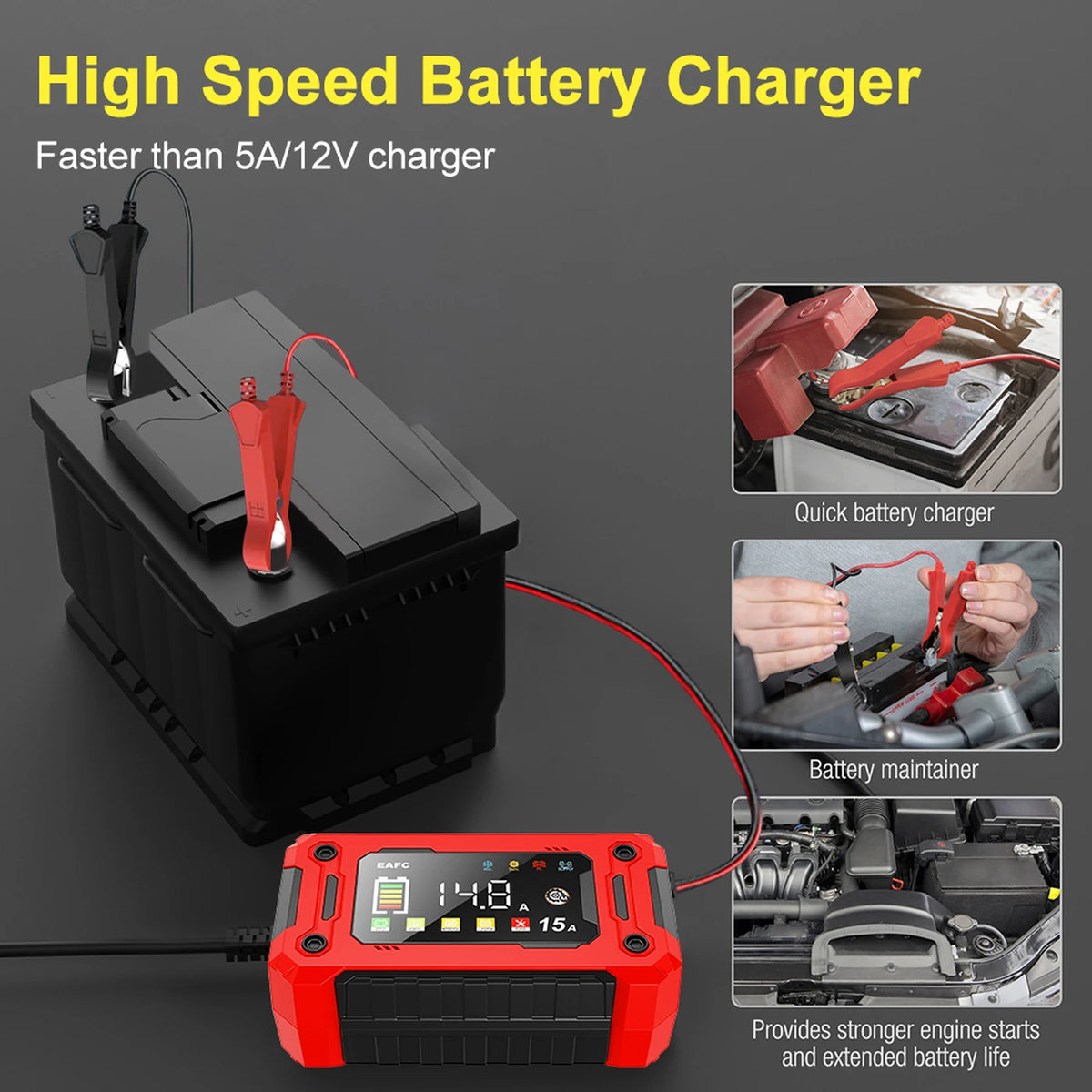 Chargeur de batterie automobile Eafc 12 V 15 A - Grand écran HD - Réparation par impulsions - Batteries au lithium, AGM, plomb-acide et gel