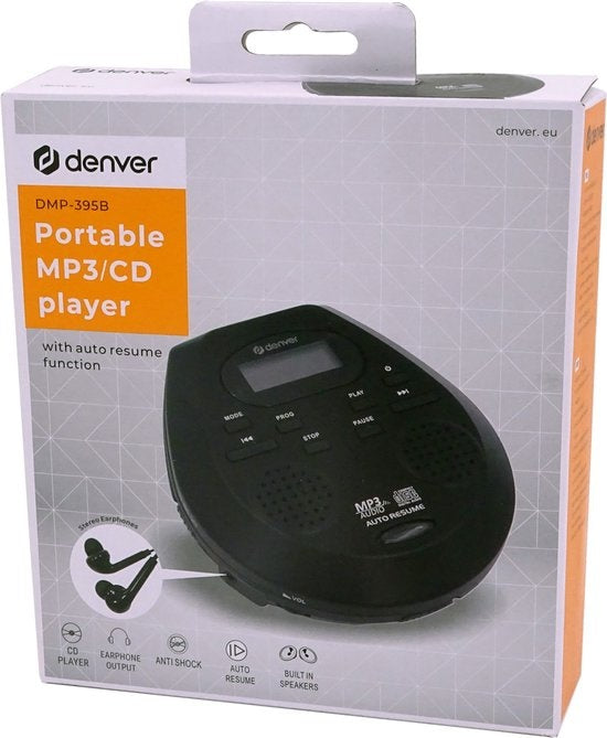 Lecteur CD et MP3 Denver Discman - Antichoc - Haut-parleurs intégrés - Ecouteurs inclus - CD, CD-R, CD-RW, MP3, écran LCD - DMP395 - Noir