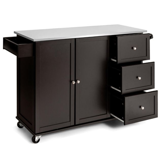 Coast Kitchen trolley chariot de service - acier inoxydable - îlot de cuisine avec 3 tiroirs - 135 x 45,5 x 91,5 cm - Brun/Blanc/Noir