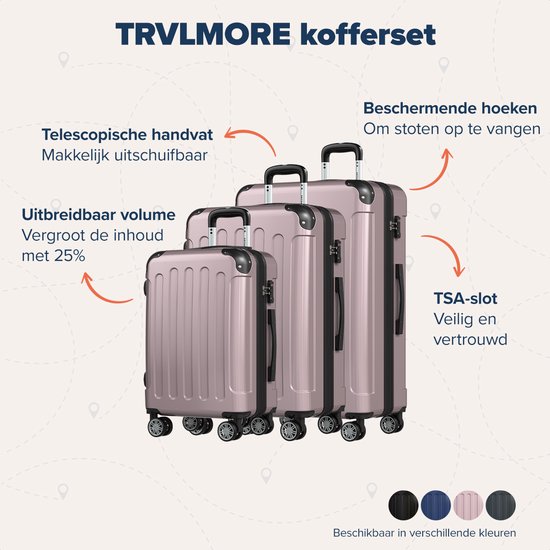 TRVLMORE Set de valises - 3 pièces - Set de valises de voyage complet - 45L Hand Luggage + 75L and 115L Spacious Luggage - Rose Gold