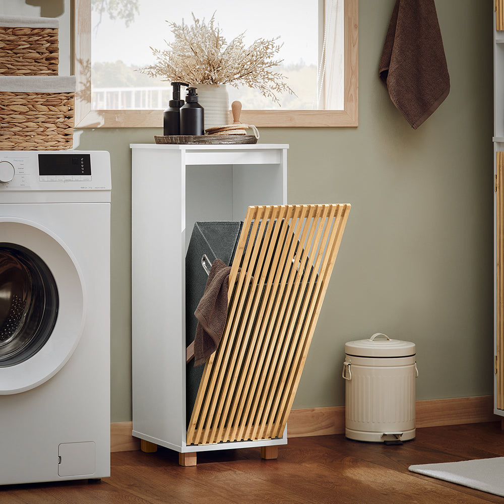 SoBuy Meuble de salle de bain sur pied - Meuble de salle de bain étroit - 1 panier à linge basculant - 1 porte en bambou - 32 x 33 x 85 cm - Blanc