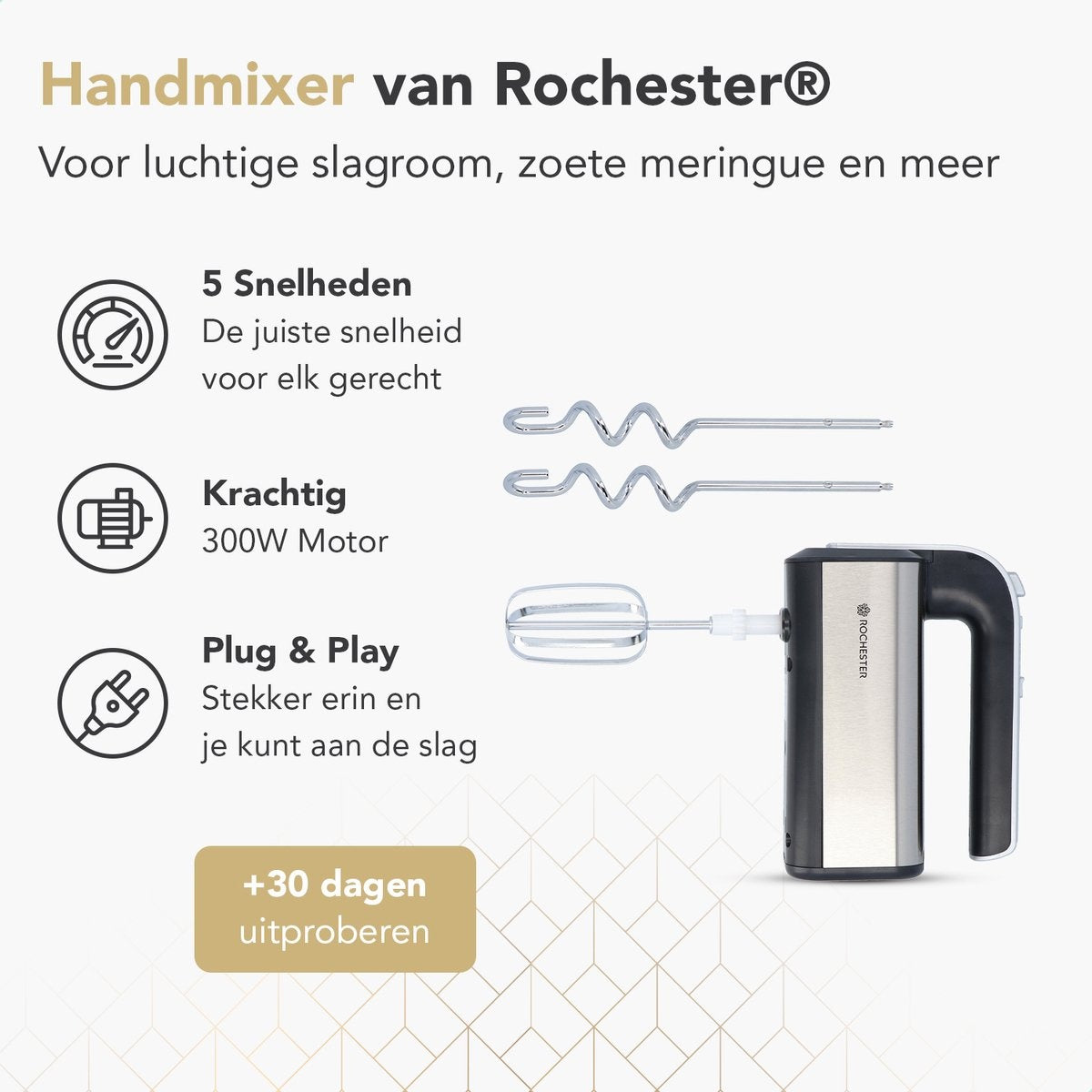 Batteur à main - Rochester - Batteurs et crochets à pâte inclus - acier inoxydable