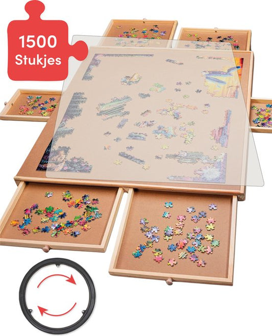 Plateau de puzzle rotatif avec système de rangement - 6 tiroirs - 1500 pièces - Bois - Table de puzzle - Classeur de puzzle - 64 x 86 x 4 cm - Couvercle de protection inclus - Tapis de puzzle - Mallette - Bois