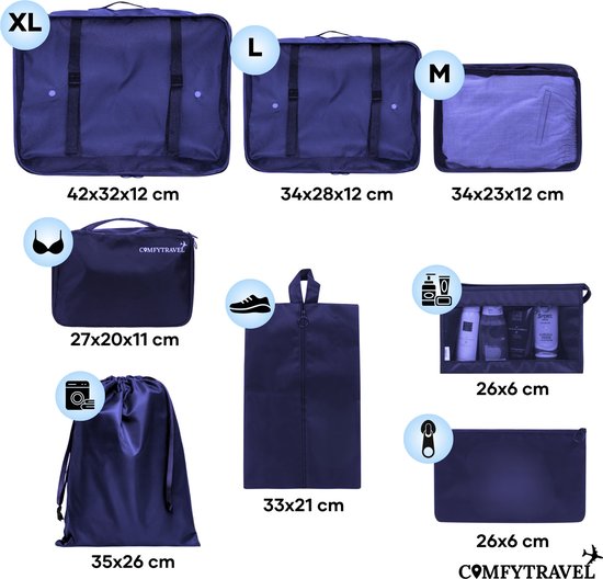 Comfytravel Packing Cubes Set - Organisateur de voyage pour valise / sac à dos - Accessoires de voyage - Imperméable / 8 pièces - Bleu foncé