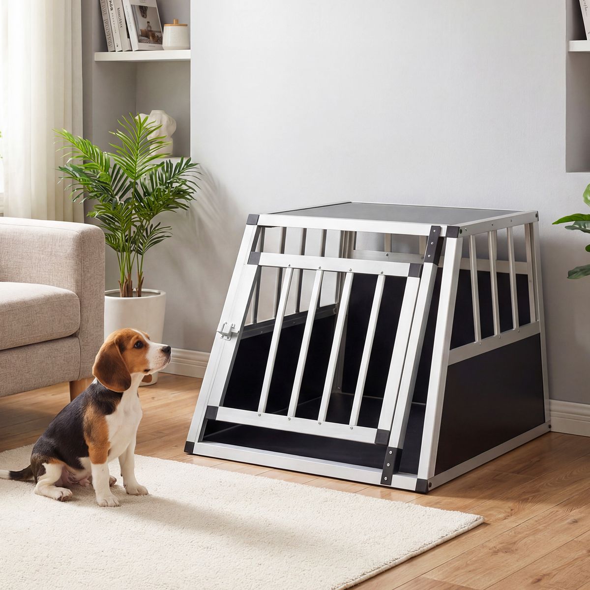 Cage de transport pour animaux Coast - porte verrouillable - cloison amovible - aluminium - 69,5 x 54 x 50,5 cm - argent et noir