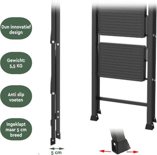BRASQ Échelle ménagère 3 marches noire - Échelle de cuisine en métal pliable pour usage privé et professionnel - Échelle - Antidérapante