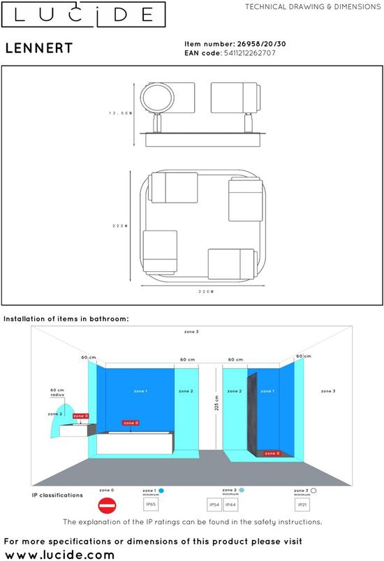 Lucide LENNERT - Spot de plafond (lampe de plafond) pour salle de bains - LED à intensité variable - GU10 - 4 x 5 W, 3000 K - IP44 - Noir