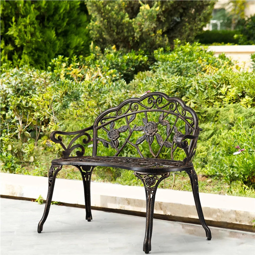 Banc de jardin Yaheetech 99,5 x 57 x 78,5 cm - Bronze - Banc de jardin vintage en métal avec motif de roses