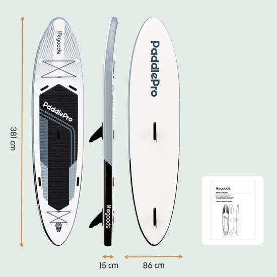 LifeGoods SUP Board Tandem - 2 personnes - capacité de charge 220 KG - 381 x 86 cm - gonflable - paquet Sup complet - blanc/noir