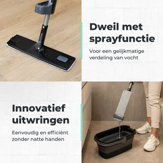 CLEANLY Mopping System with Spray and Wringer 136 cm - Floor Wiper - Mop Set with Foldable Bucket - Spray Mop - Width 36 cm - Black, Grey
