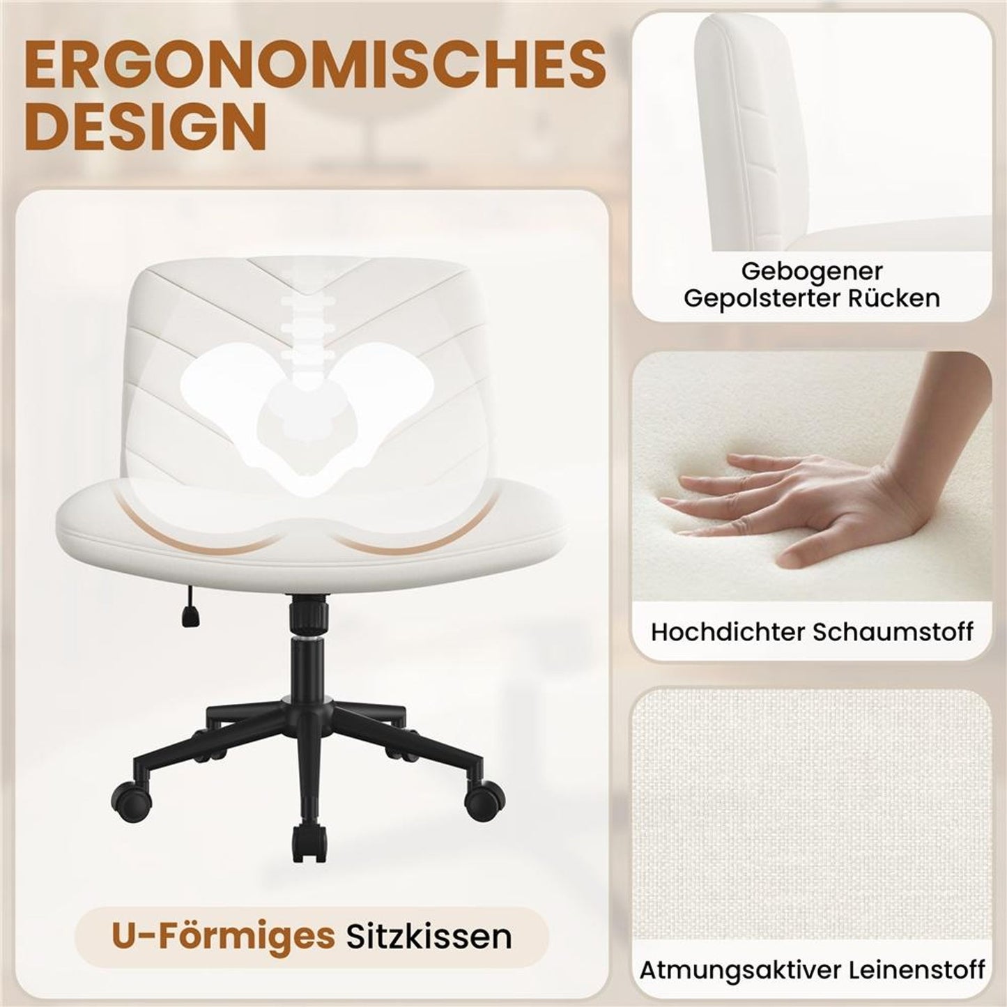 Chaise de bureau Yaheetech à large assise - Chaise pivotante ergonomique avec dossier - Réglable en hauteur - 66 x 64,5 x 82-91,5 cm - Beige