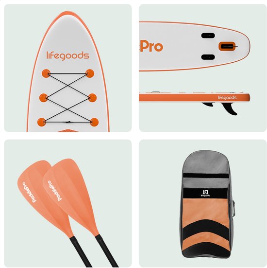 LifeGoods PaddlePro SUP Board - avec siège - Planche à pagaie gonflable - Ensemble complet - Max. 135KG - 320x81cm - Blanc/Orange