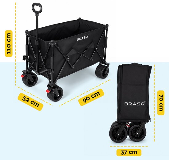 Chariot pliable BRASQ - 165 litres - Capacité de charge de 100 kg - Roues pivotantes avec frein - 90 x 52 x 110 cm - Poignée réglable - Chariot pliable - Noir