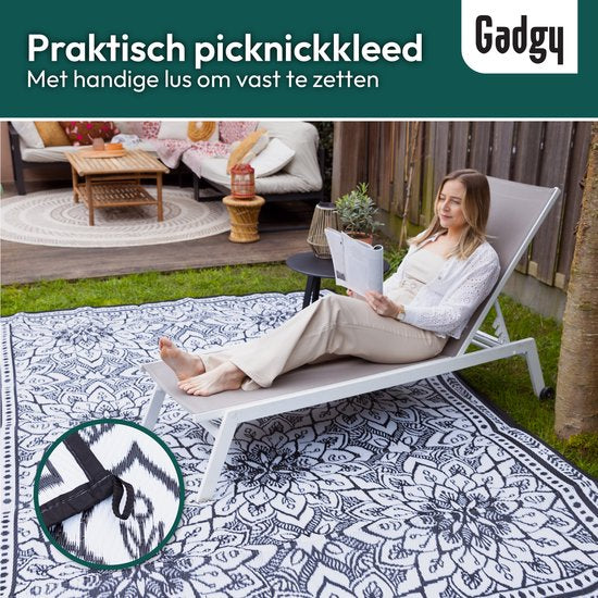 Tapis d'extérieur Gadgy XXL - Tapis d'extérieur 300x200 cm - Tapis de jardin double face - Tapis de pique-nique noir et blanc - Tapis d'extérieur