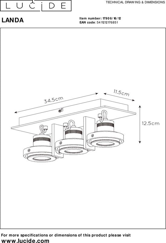 Spot de plafond Lucide LANDA - LED à intensité variable, lumière chaude - GU10 - 3x5 W 3000 K/2200 K - Chrome mat