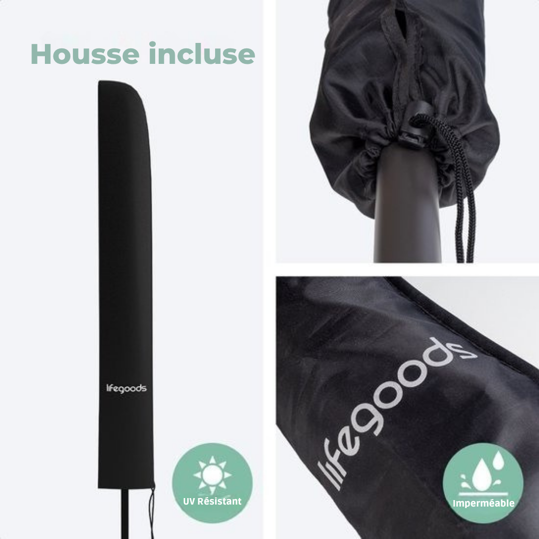 Parasol LifeGoods - Ø270 cm - 30° inclinable - imperméable - avec housse - Gris foncé