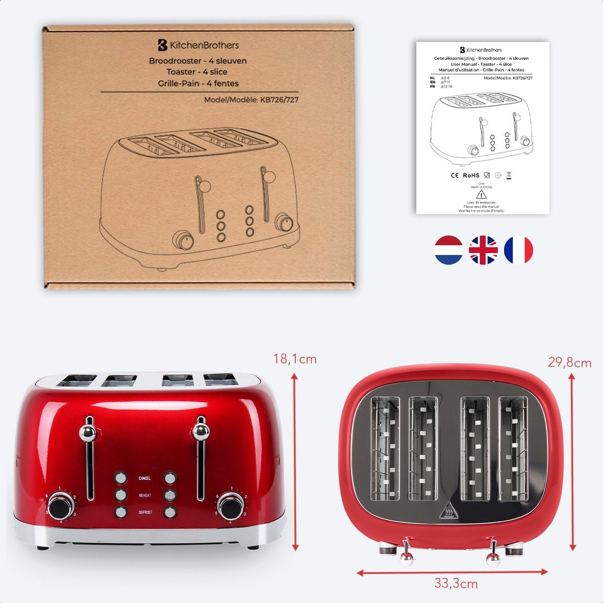 KitchenBrothers Grille-pain rétro - 6 niveaux de chaleur - 4 fentes extra-larges - 1630W - Fonctions de réchauffage et de décongélation - Rouge