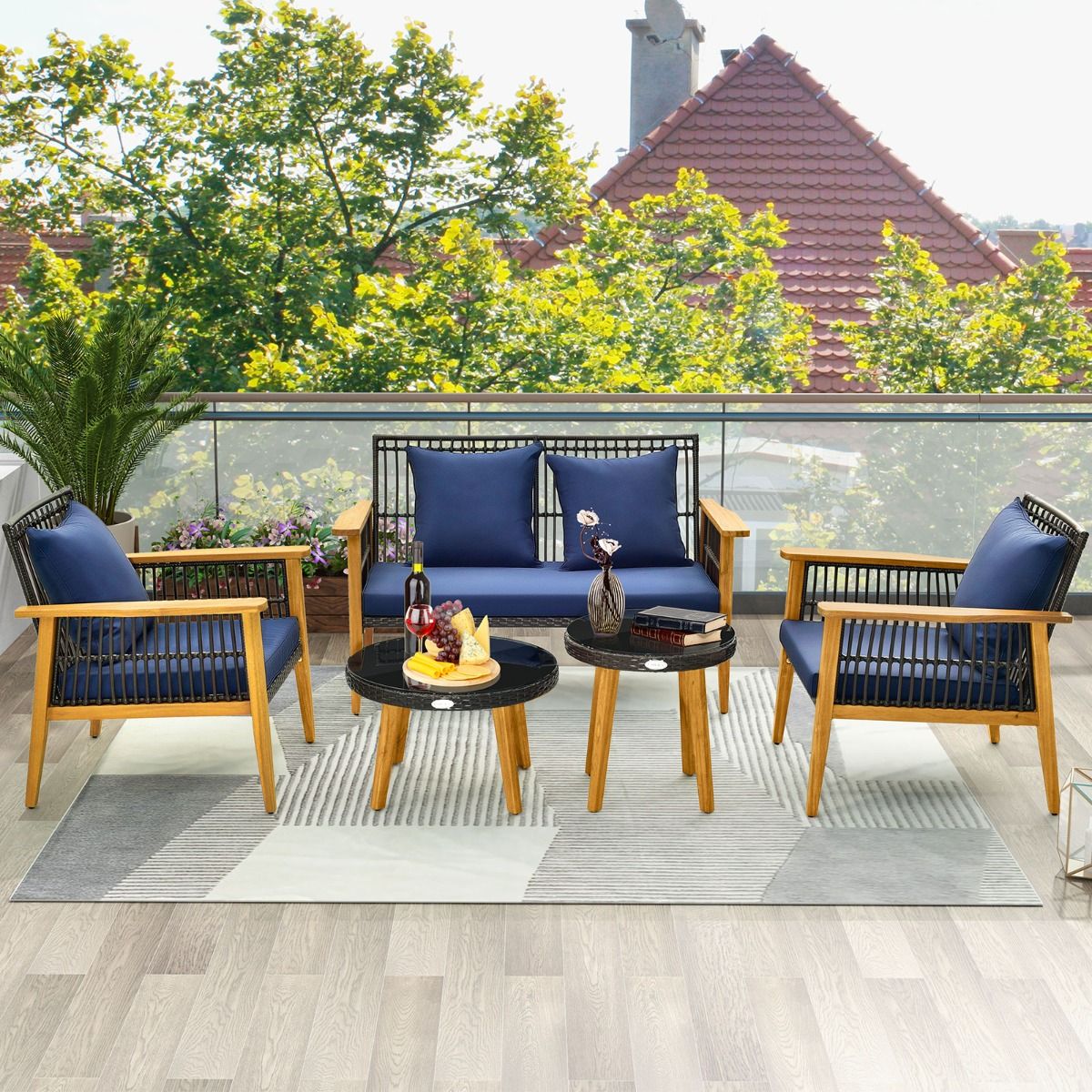 Coast 5-Piece Rattan Outdoor Furniture Set Brown with Navy Blue Cushions - 2 Chairs, Loveseat and 2 Coffee Tables (Chair 75x76x80 cm, Loveseat 132x76x80 cm, Table Ø48 cm & 60x38 cm)