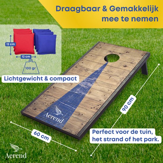 Jeu de cornhole Aerend – Plateau de jeu 91 x 61 cm, avec 8 sacs de fèves résistants aux intempéries et un sac de transport – MDF résistant aux intempéries – Design rustique en bois de grange – Pour le jardin, la plage et les fêtes de famille