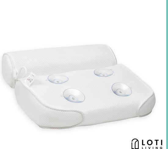 Loti Living Oreiller de bain - Oreiller de bain - Oreiller cervical de bain - Appui-tête de bain - Oreiller de bain avec ventouses - 6 ventouses - Oreiller cervical ergonomique - Antidérapant - Blanc