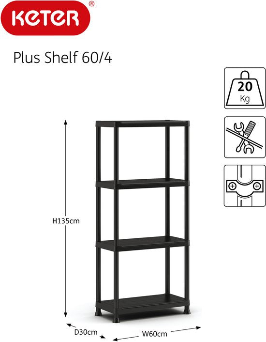 Keter Stellingkast Plus 60/4 - Étagère de rangement à 4 tablettes - 60 x 30 x 135 cm - Noir