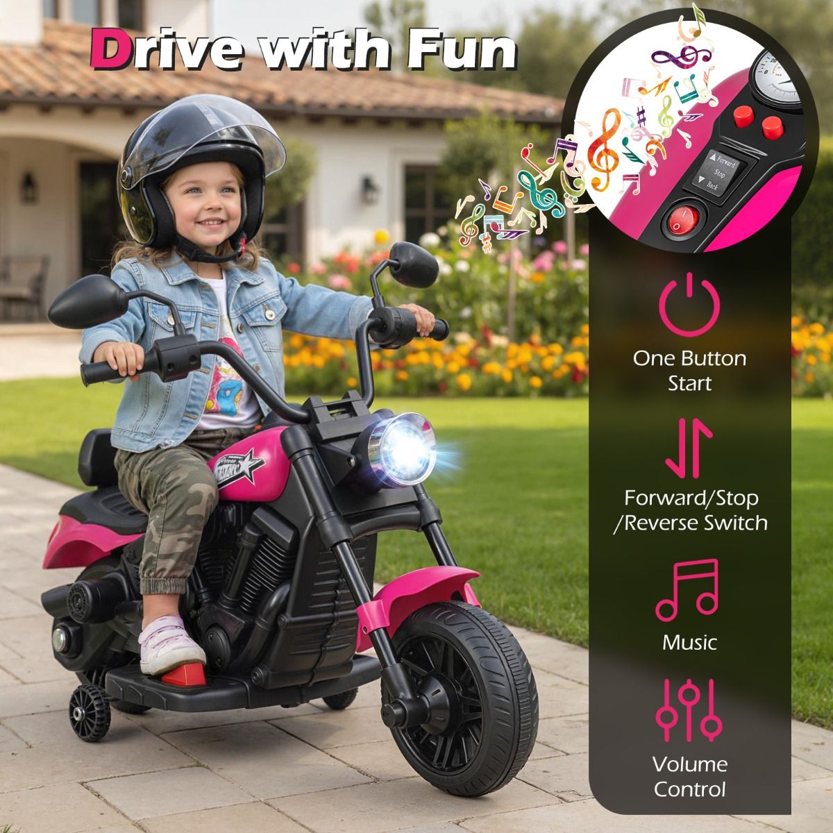 Motocyclette pour enfants Coast 6 V avec musique et phare à LED - 83 x 52 x 57 cm - Rose