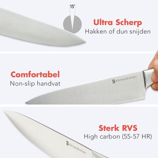 KitchenBrothers Set de couteaux de 16 pièces - avec ciseaux et acier d'affûtage - Argent/Acier inoxydable