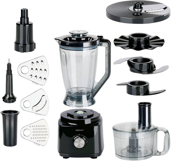 Robot ménager 3-en-1 Alpina : robot de cuisine, mixeur et machine à smoothies - Robot ménager multifonction - Coupe-légumes - Hachoir - 2 L - Sans BPA - Lavable au lave-vaisselle - FP413GS - Noir