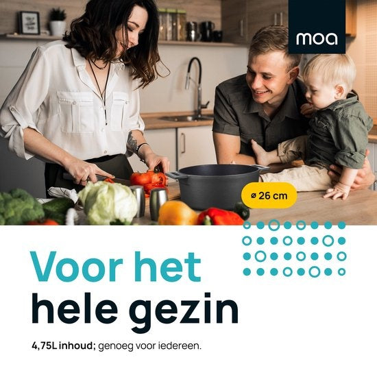 MOA Casserole en fonte - Capacité 4,75 litres - 26CM - Ronde - Toutes sources de chaleur - Egalement pour induction - Poids 5,8 kg - Noire - MOAMC26B