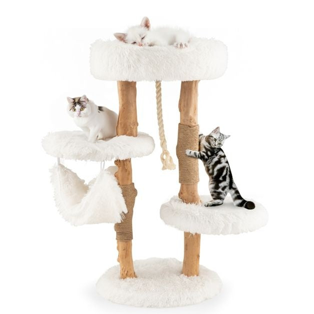 Arbre à chat en bois de 87 cm avec hamac Différentes plateformes Tour pour chat avec coussin doux Corde en sisal à suspendre