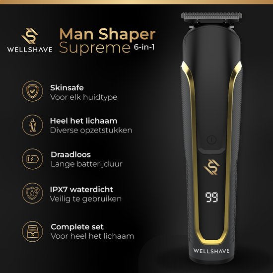 Wellshave 6 in 1 Beard trimmer Supreme - Tondeuse pour la barbe et le corps - Tondeuse pour le nez - Tondeuse pour le corps - IPX7 Waterproof - 6 accessoires inclus