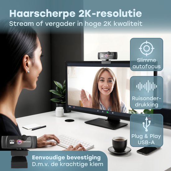Audyn Webcam - 5MP - 2K Full HD - avec microphone - pour PC - avec housse et support - Caméra de streaming - Webcams