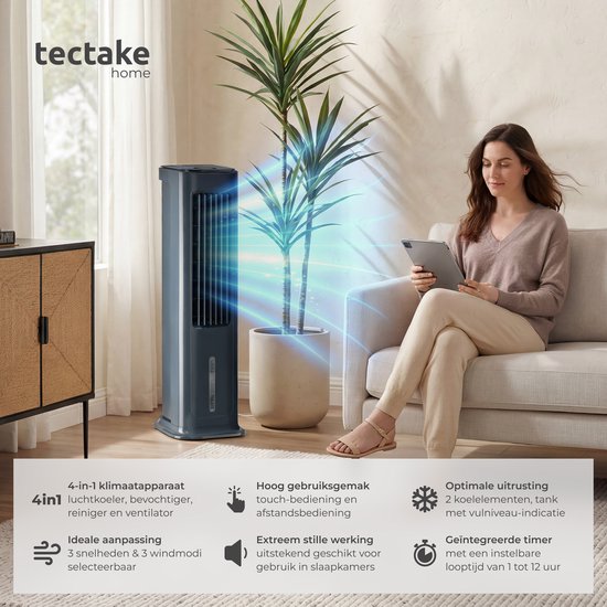 tectake® Refroidisseur d'air 4-en-1 Alaska - Réservoir d'eau de 5 L - 3 réglages - Refroidisseur d'air - Climatiseur avec fonction d'oscillation - Minuterie - Télécommande - Éléments de refroidissement - Humidificateur - Ventilateur - Purificateur d'air -