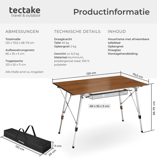 Table de camping tectake® - 120 x 70,5 x 58 - 79 cm - Table pliante en aluminium - Plateau XXL enroulable - Table pliante - Table de voyage - Table de jardin - Résistante aux intempéries - Réglable en hauteur - Sac de transport - Pliable - Aspect bois