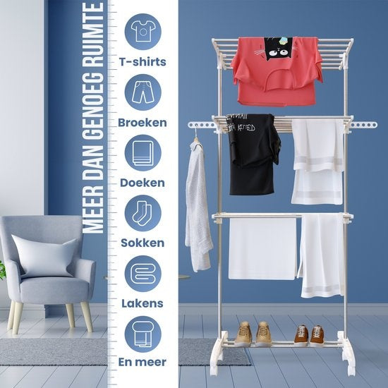Avalo Clothes Rack - Tour de séchage à roulettes - 4 niveaux - pliable - blanc