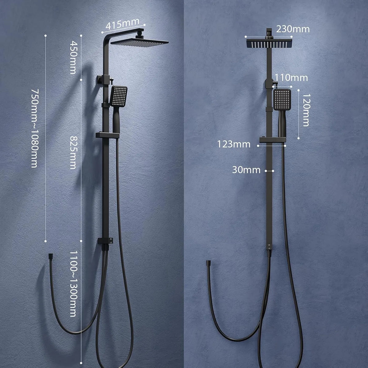 Ensemble de douche à effet pluie Homelody sans thermostat - Douche de tête carrée 20 x 20 cm - Barre de douche réglable de 73 à 115 cm - Noir