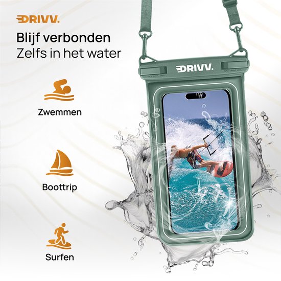 Drivv. Étui étanche de luxe pour téléphone portable - flottant - fermeture à double clip - téléphones jusqu'à 6,8 pouces - étui étanche pour téléphone portable - vert armée