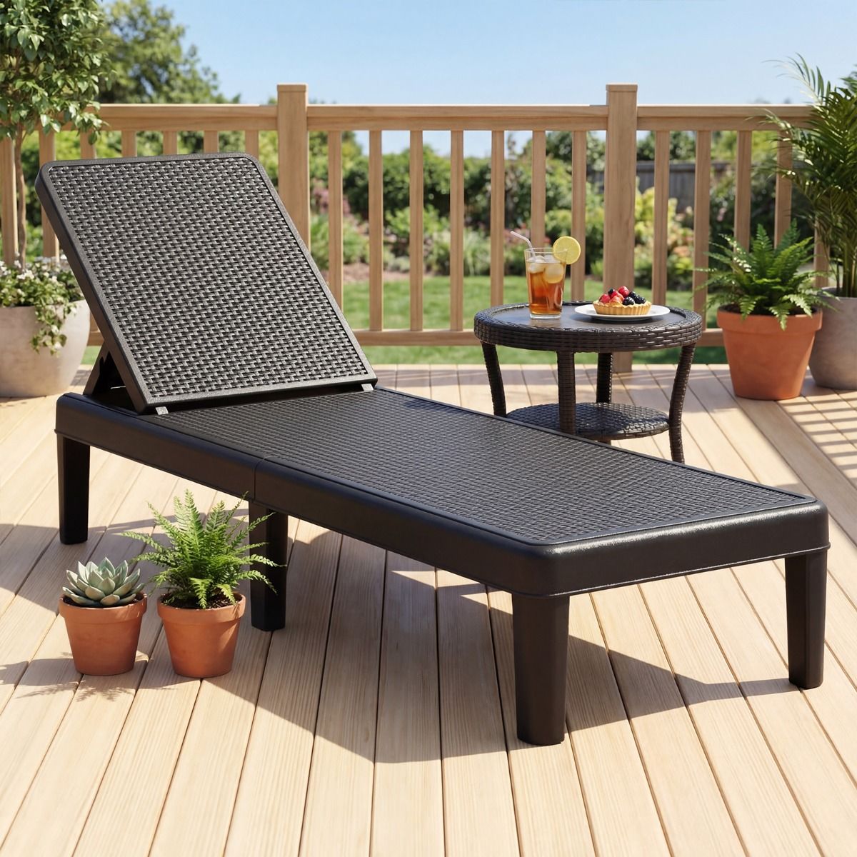 Chaise longue de jardin Coast - dossier réglable sur 4 positions - aspect rotin - noir - 1 pièce